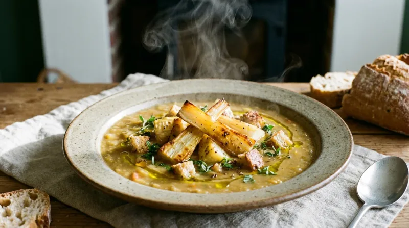 Une photo d’une assiette de soupe garnie de panais coupés en morceaux