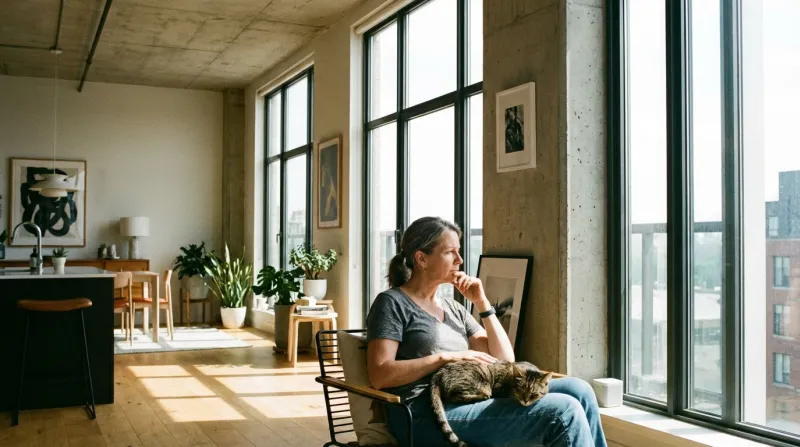 personne pensive dans un intérieur moderne et baigné de lumière