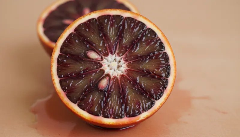 Une photo d'une orange sanguine coupée en deux, fraîche et juteuse, sur un fond uni