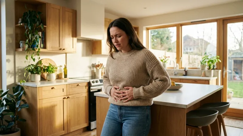Photo réaliste d'une femme qui se pose la main sur le ventre car elle est ballonnée (elle ne doit pa