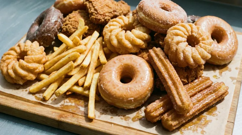 Une photo en gros plan de divers aliments frits et riches en graisses saturées, tels que des frites 