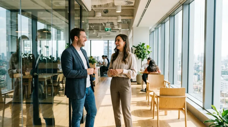 Une photo de deux personnes échangeant un sourire et discutant dans un environnement professionnel m