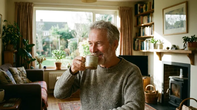 homme 60 ans buvant un café chez lui