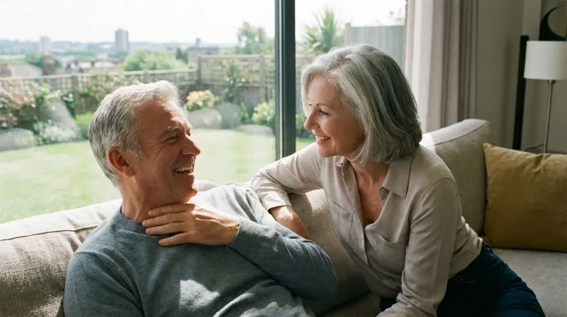 photo réaliste, claire et moderne de deux personnes d'une soixantaine d'année assise en train de dis