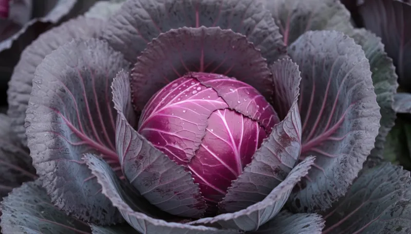 Une photo en gros plan de chou rouge frais montrant ses feuilles violettes profondes
