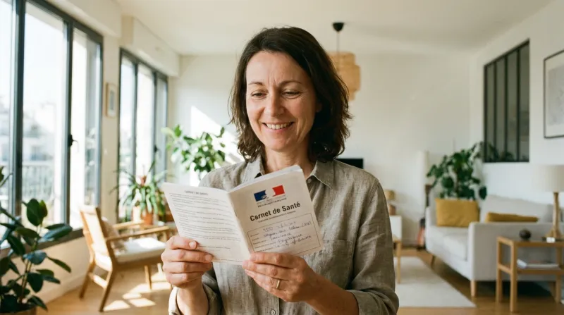 Photo réaliste d'une femme de 50 ans qui tient entre ses main un carnet de santé français ou un carn