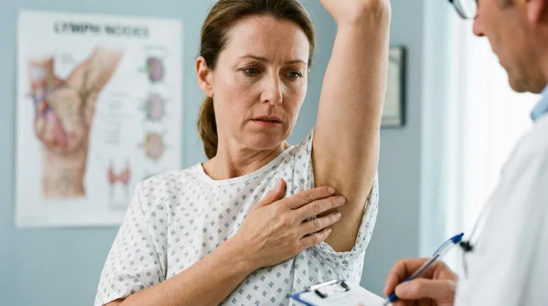 personne qui se palpe sous l'aisselle à la recherche d'un ganglion