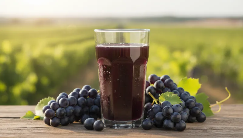 Un verre de jus de raisin noir frais à côté de grappes de raisins noirs.