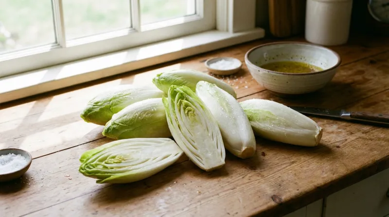 endives fraîches et croquantes disposées sur un plan de travail