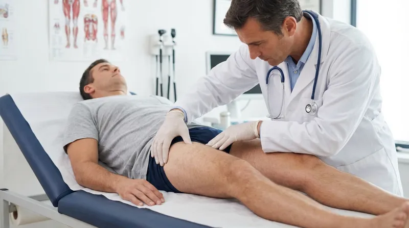 auscultation dans un cabinet de médecin, le patient est allongé, le médecin palpe de haut de la cuis