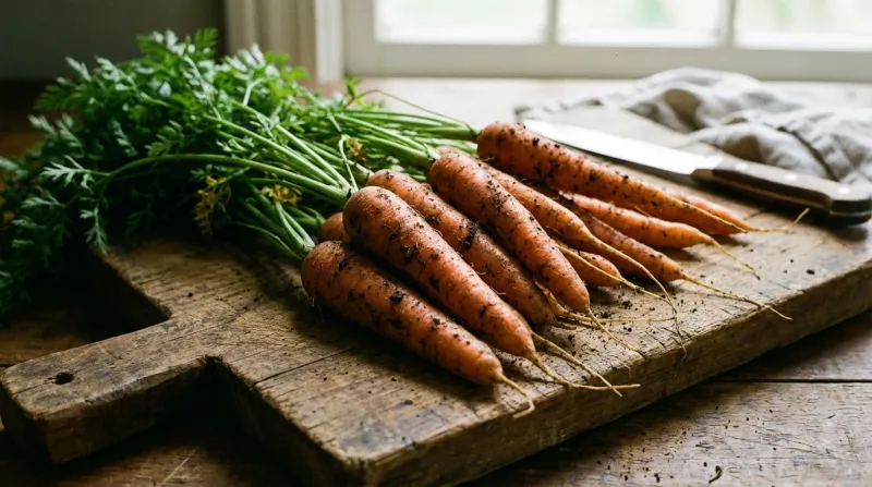 Une photo de carottes sur une planche en bois.