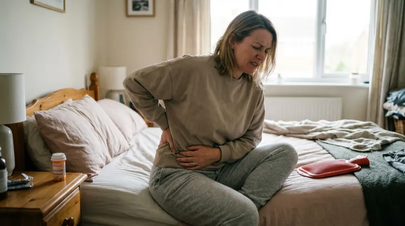 Photo réaliste d'une femme qui a mal au niveau du pelvis ou dans le bas du dos.