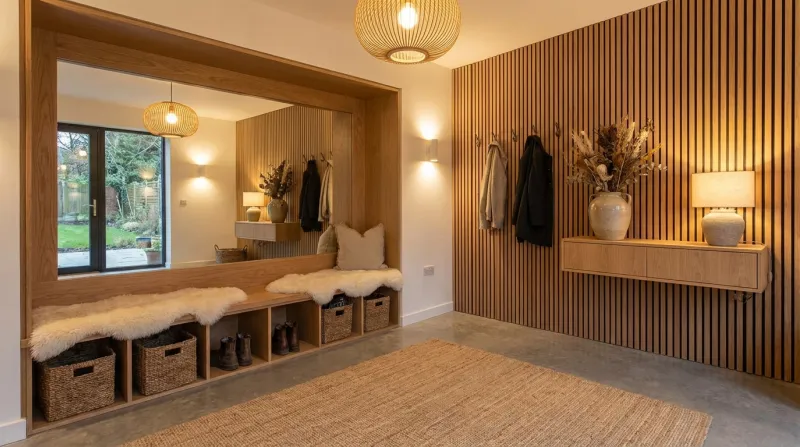 entrée chaleureuse et moderne d'une maison avec un banc pour changer ses chaussures