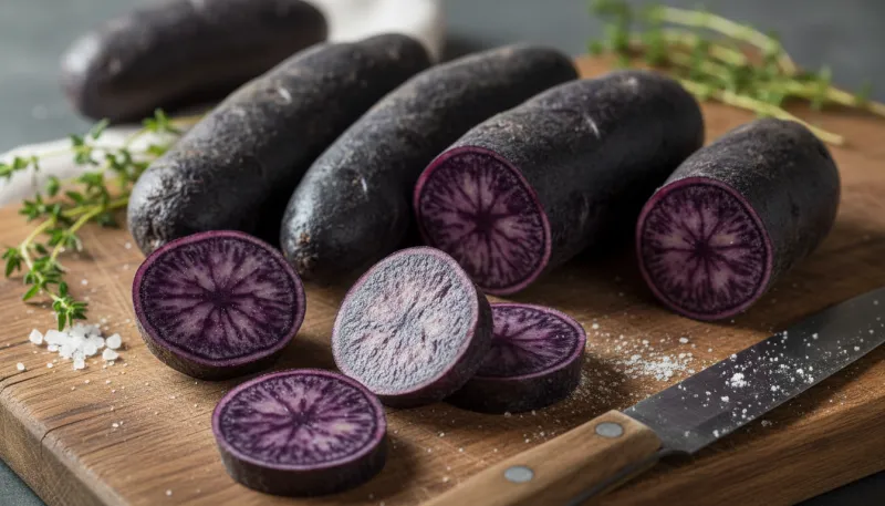 Une photo en gros plan de pommes de terre Vitelotte coupées et entières, montrant leur chair violett