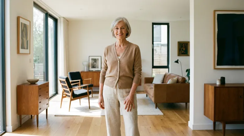 photo réaliste, claire et moderne d'une personne d'une soixantaine d'année debout dans son salon, qu