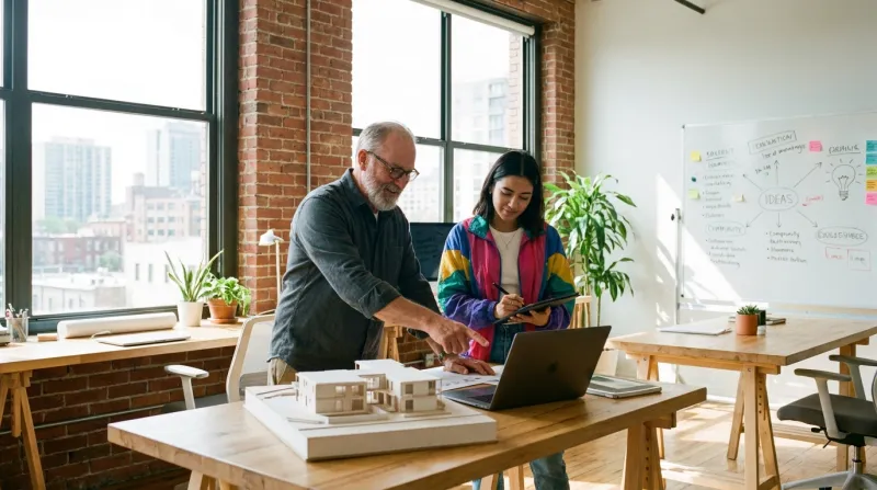 Une photo de deux entrepreneurs d'âges différents collaborant dans un bureau moderne et lumineux