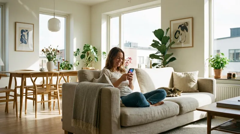 femme dans son salon qui envoie un sms sur son téléphone. L'atmosphère est lumineuse et moderne