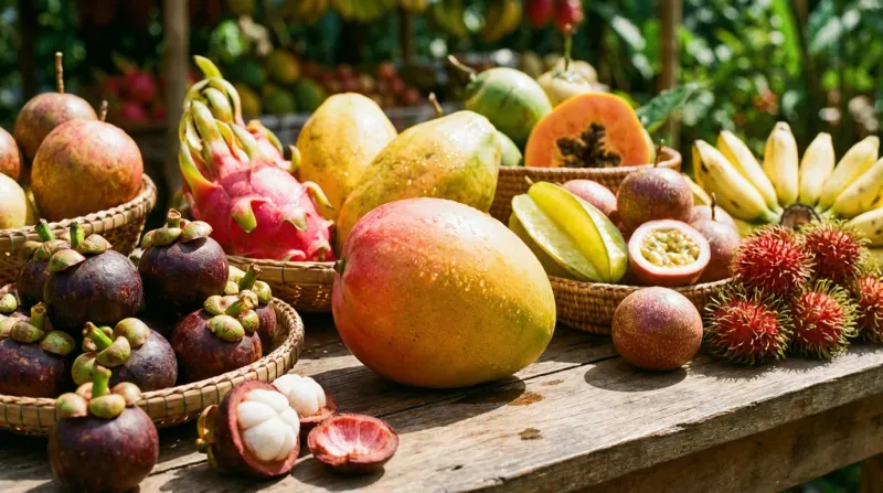 mangue entourée de divers fruits tropicaux