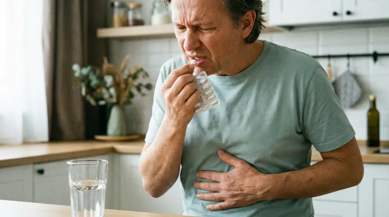 Personne qui prend en comprimé d'une main en posant sa main sur son ventre de l'autre pour signifier