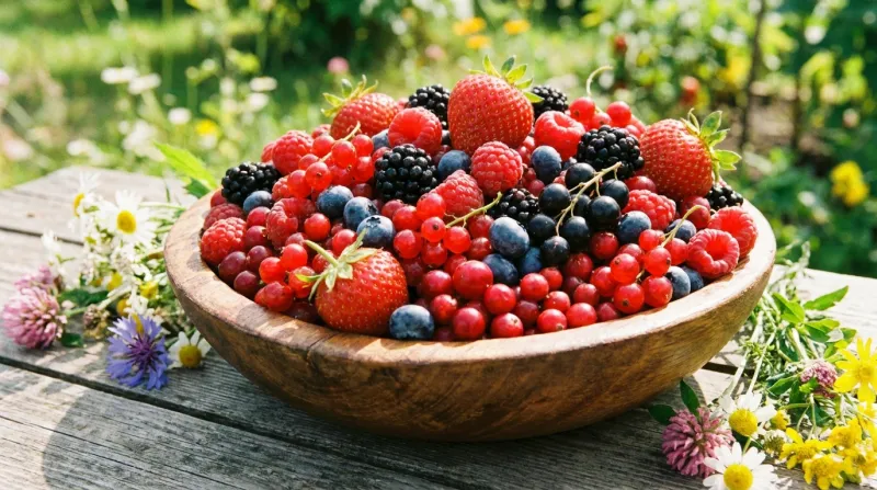 Une photo lumineuse et colorée d'un assortiment de baies et de petits fruits rouges frais dans un bo