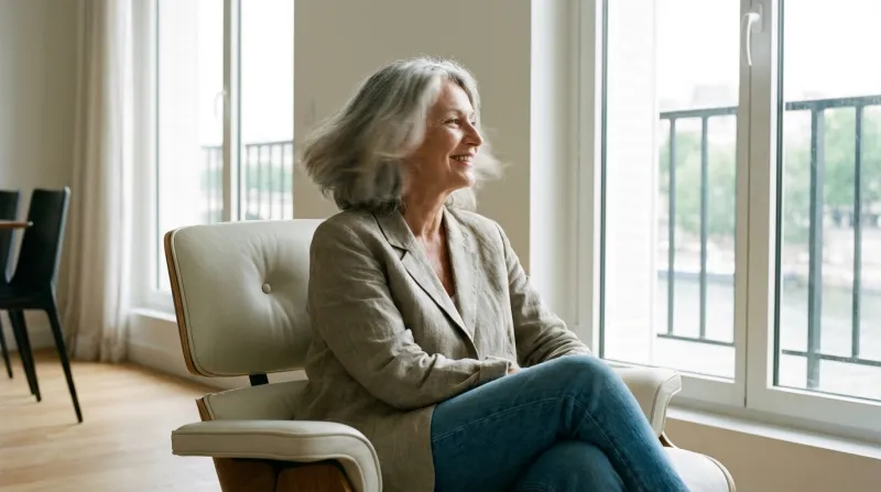 photo réaliste, claire et moderne d'une personne d'une soixantaine assise, qui tourne la tête de dro