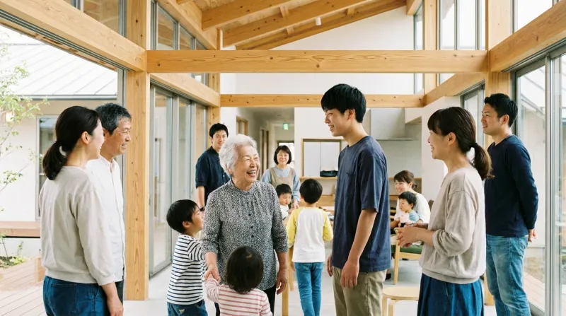 Une photo d'un groupe de personnes d'âges différents échangeant des sourires dans un environnement m