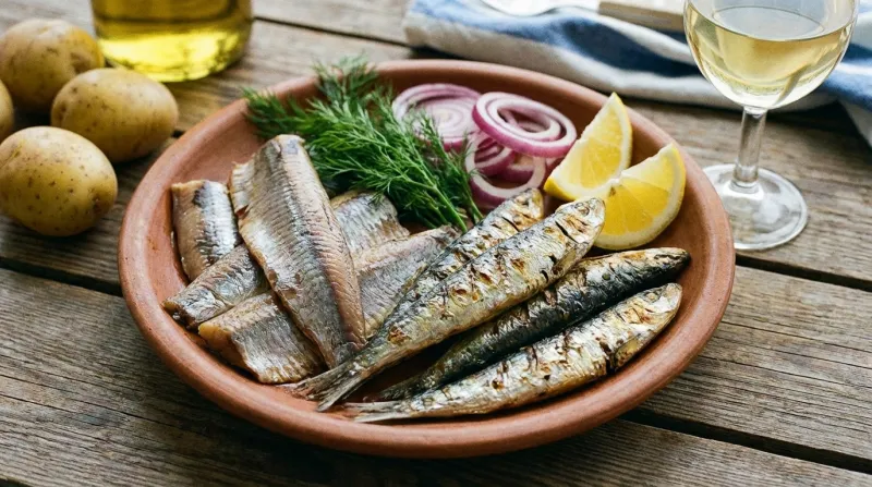 Une photo d’une assiette de hareng fumé et de sardines.
