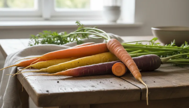 Plusieurs carottes, orange, jaune, violette, posée sur une table