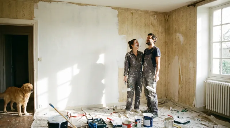 Une photo d'un couple qui repeint une pièce de la maison