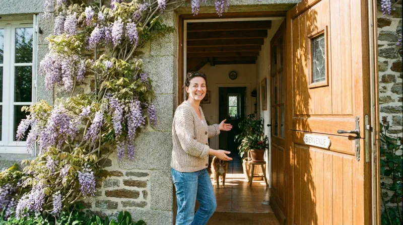 femme souriante qui ouvre la porte de sa maison invitant à entrer