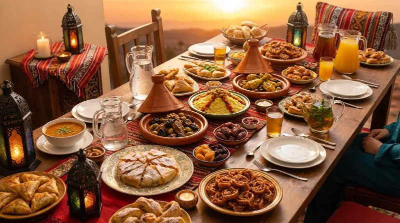 Une table dressée pour l'Iftar avec de nombreux plats traditionnels