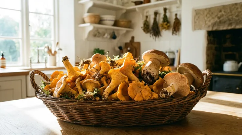 Photo de champignons, notamment des chanterelles, disposés dans un panier sur une table dans une cui