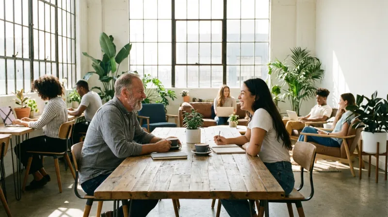 Une photo lumineuse d'une rencontre chaleureuse entre un mentor et un mentoré dans un espace de trav
