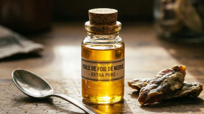 Une photo d'huile de foie de morue liquide dans une petite fiole en verre, mettant en évidence sa co