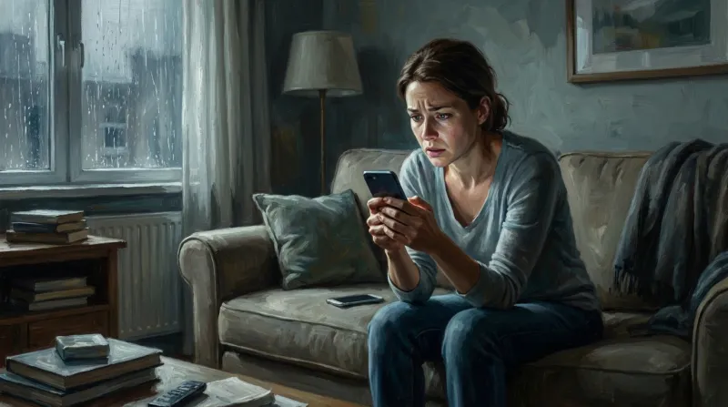 Illustration d'une femme assise sur son canapé regardant son téléphone 