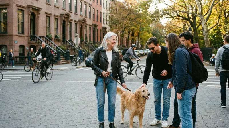 Personne à l'allure moderne de 60 ans qui promène son chien dans un parc, en ville. Des passants s'a