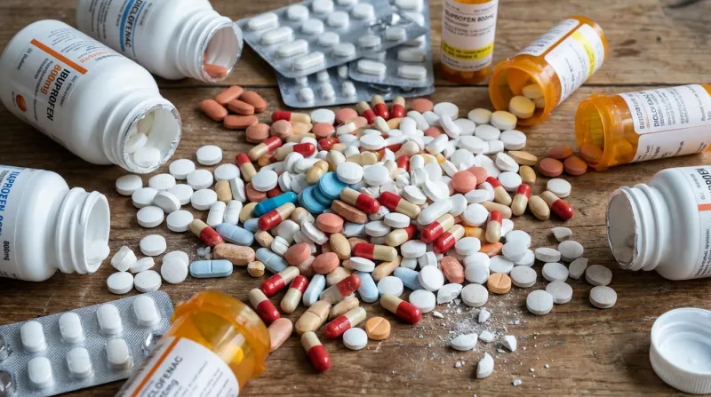 Gros plan sur une grande quantité de comprimés anti-inflammatoires (AINS) sur une table, illustrant 