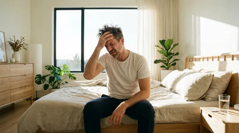 Homme qui se réveille et qui se touche le front car il a mal à la tête.