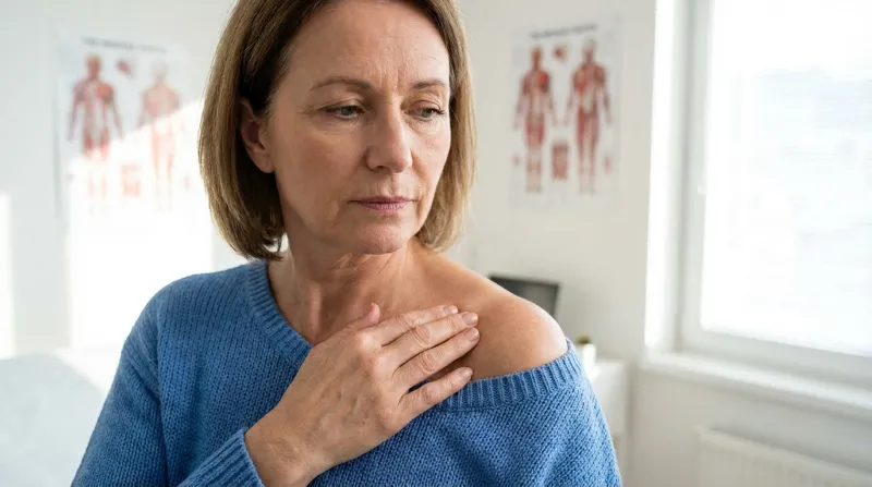 personne qui se palpe l'épaule, sous la clavicule