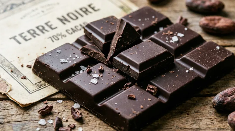 Gros plan sur une tablette de chocolat noir, avec quelques carrés cassés, soulignant la richesse et 