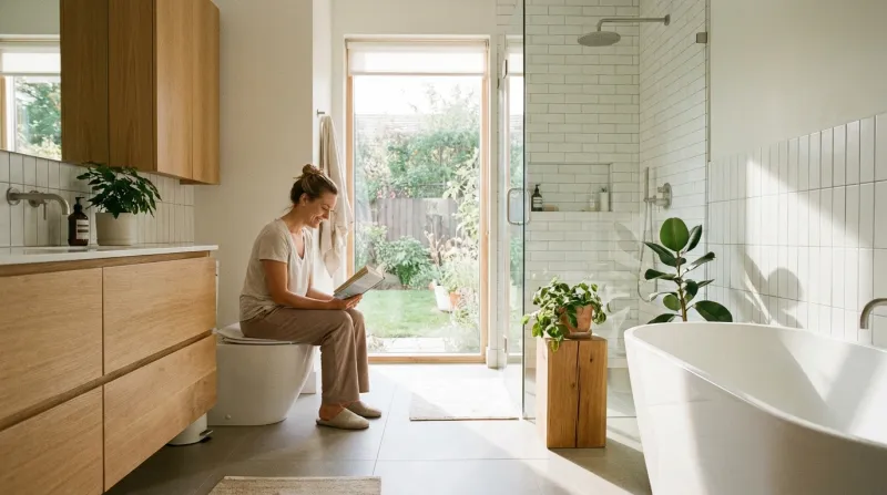 Femme installée sur des toilettes chez elle, dans sa salle de bain. La salle de bain est lumineuse e
