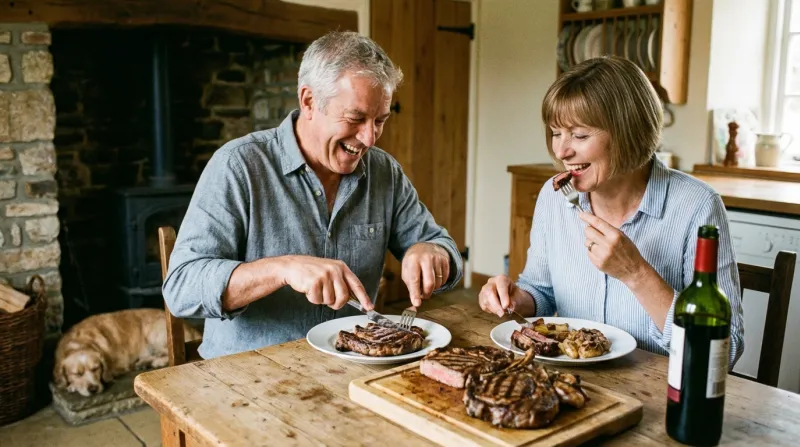 Couple de 50 ans à table, en train de manger de la viande