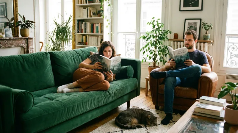 Couple dans un salon avec un livre 