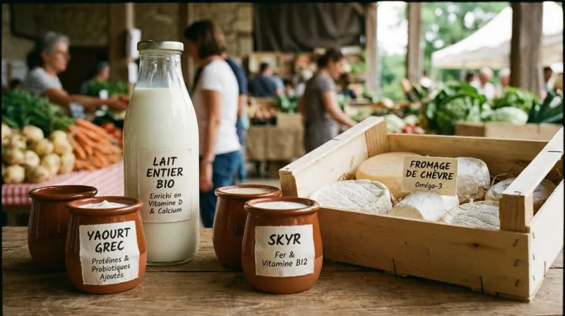 Une photo de divers produits laitiers (bouteille de lait, yaourts) avec des étiquettes mentionnant u