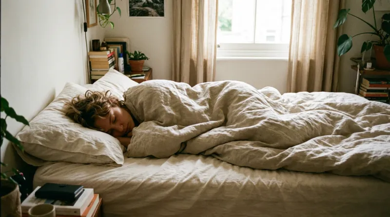 Personne dans son lit qui dort sur le côté