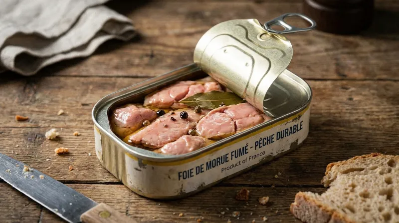 Une photo d'une boîte de conserve de foie de morue, ouverte, avec le produit visible à l'intérieur.