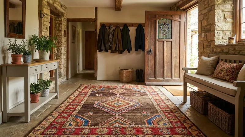 entrée d'une maison avec un grand tapis