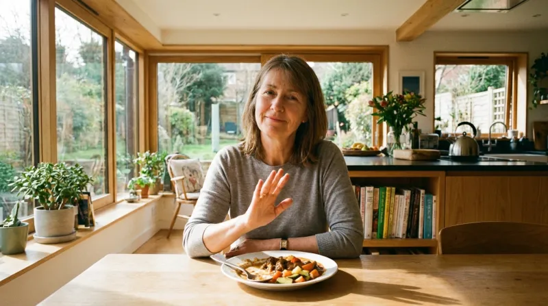 Femme assise à table devant son repas. Son assiette est à moitié pleine, elle fait un signe de la ma