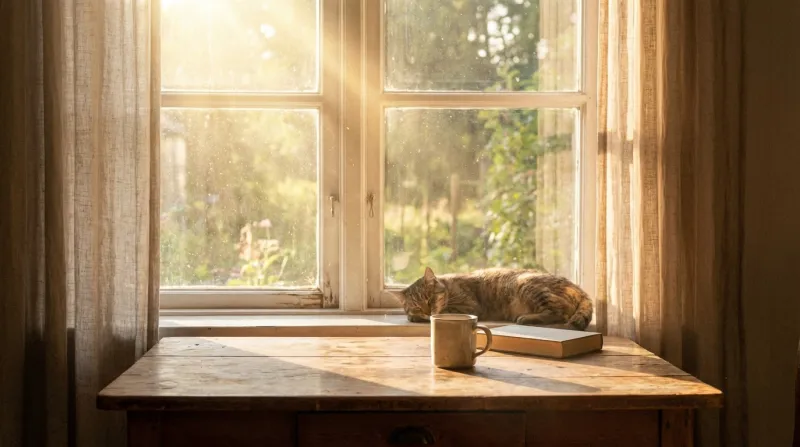 Faisceau de lumière chaude entrant par une fenêtre le matin