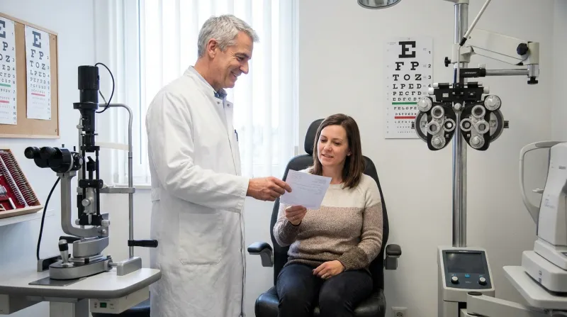 photo réaliste d'un cabinet d'ophtalmologue avec le médecin qui tend une ordonnance au patient